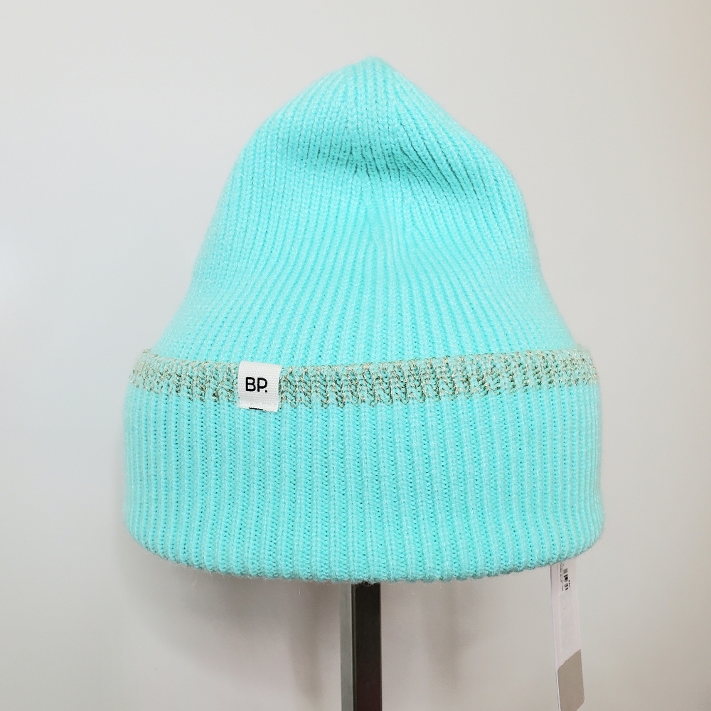 NEW BP Nordstrom Aqua Blue Gold Ribbed Cuffed Beanie Hat Cap NORDSTROM Winter